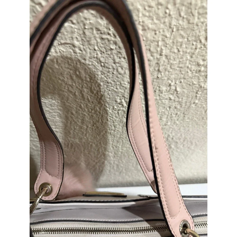 Guess Blush & Cream Colorblock Tote Bag Gold Logo Charm Pom Pom Large